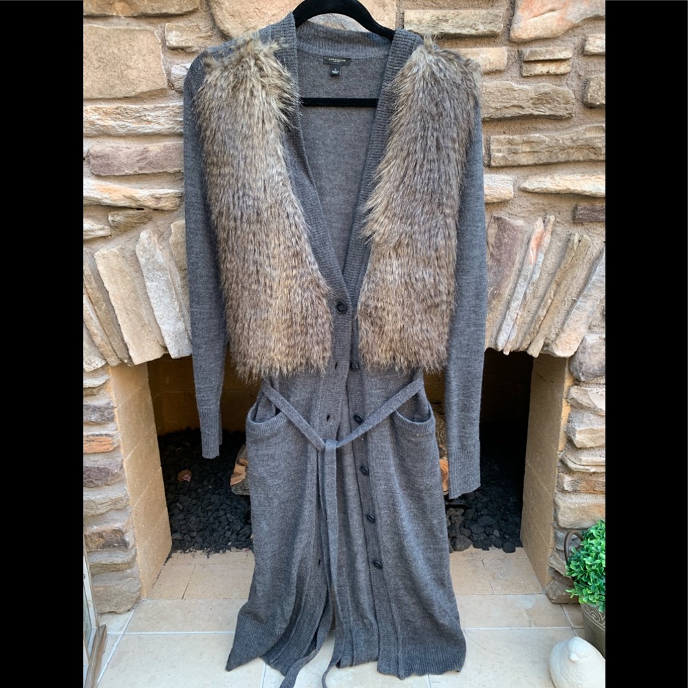 Ann Taylor Fur Trim Knee Length Cardigan/Sweater